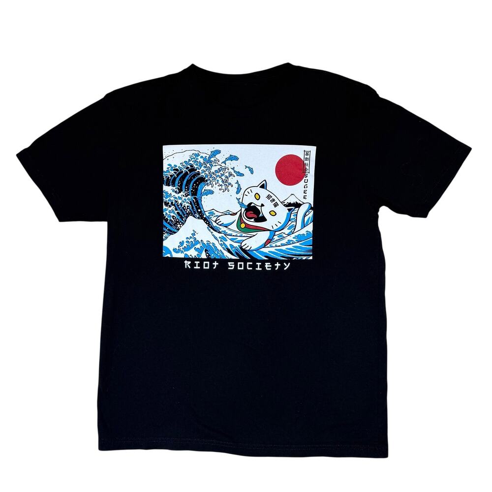 Riot Society Sugee T-Shirt Kanji Lucky Cat Top Size L